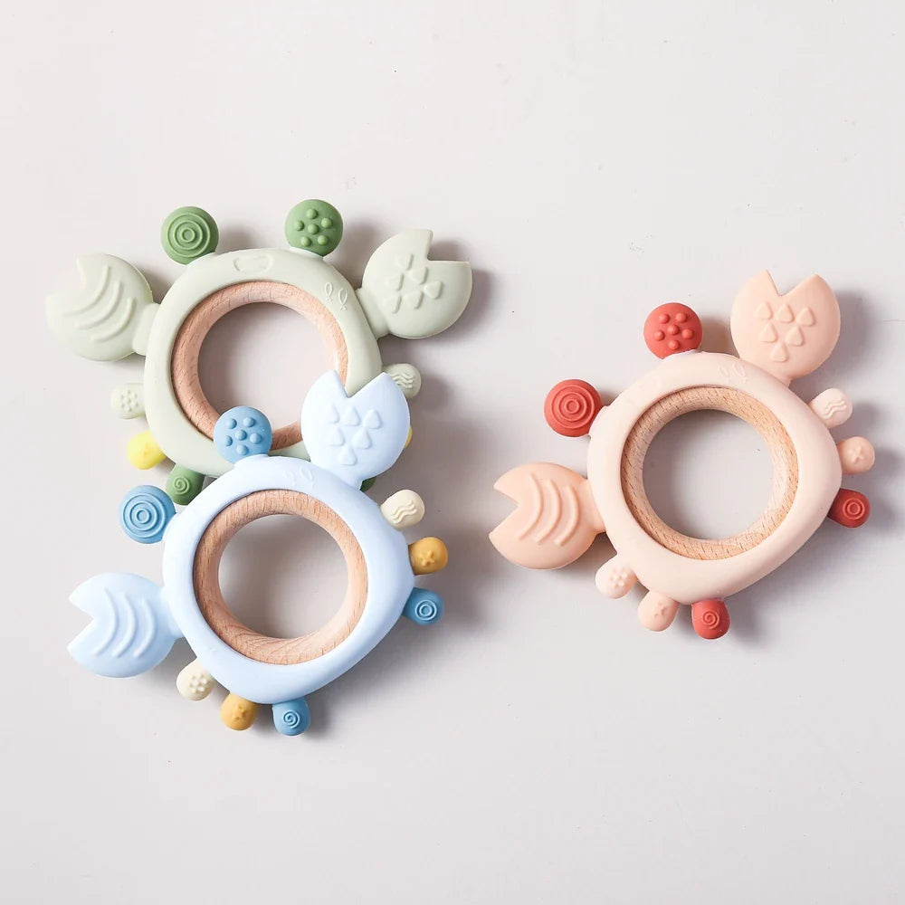 Silicone Baby Teether Baby Toys 0 to 6 Months BPA Free chewing Teething Toys Crab Wooden Ring Teether Reborn silicone Baby toys